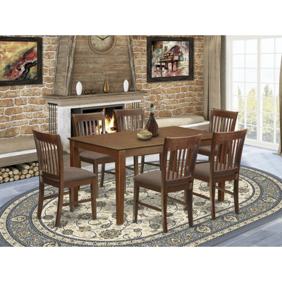 7 Piece Modern Dining Table Set Consist of a Rectangle Wooden Table and 6 Linen Fabric Upholstered Chairs, 36x60 Inch, Mahogany