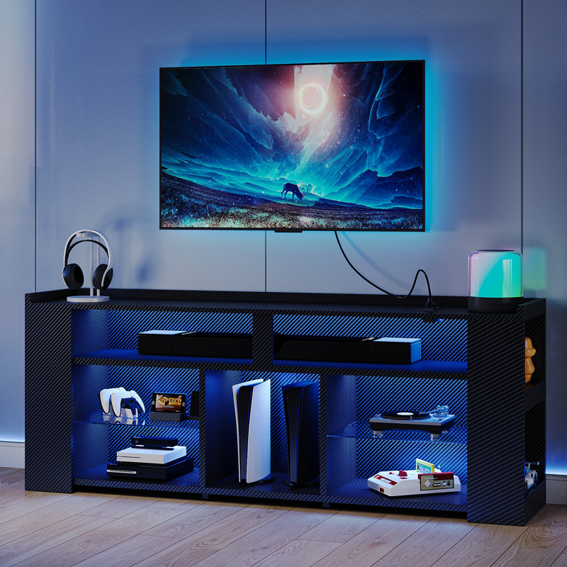 55.1"W Tall Entertainment Center with Storage, TV Stand with Power Outlet, LED Lights and Carbon Fiber Finish, Black