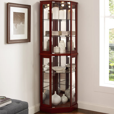 Cherry Corner Cabinet With Lights & Mirrors, 6 Shelves, Adjustable Shelf Lighted Curio Finish