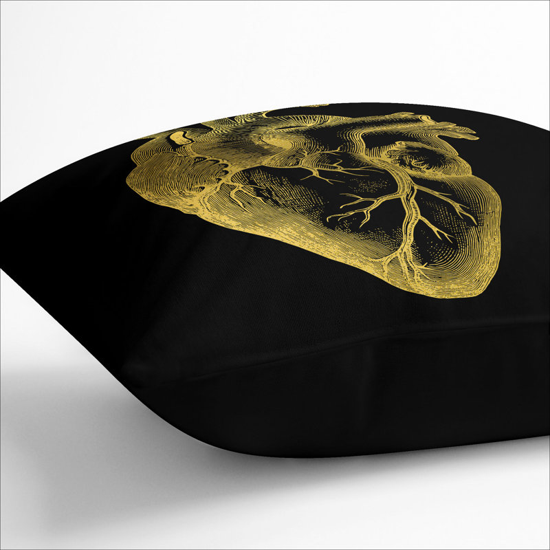 Black Gold Anatomical Heart Scatter Cushion, 55cm H x 55cm W x 20cm D, Black