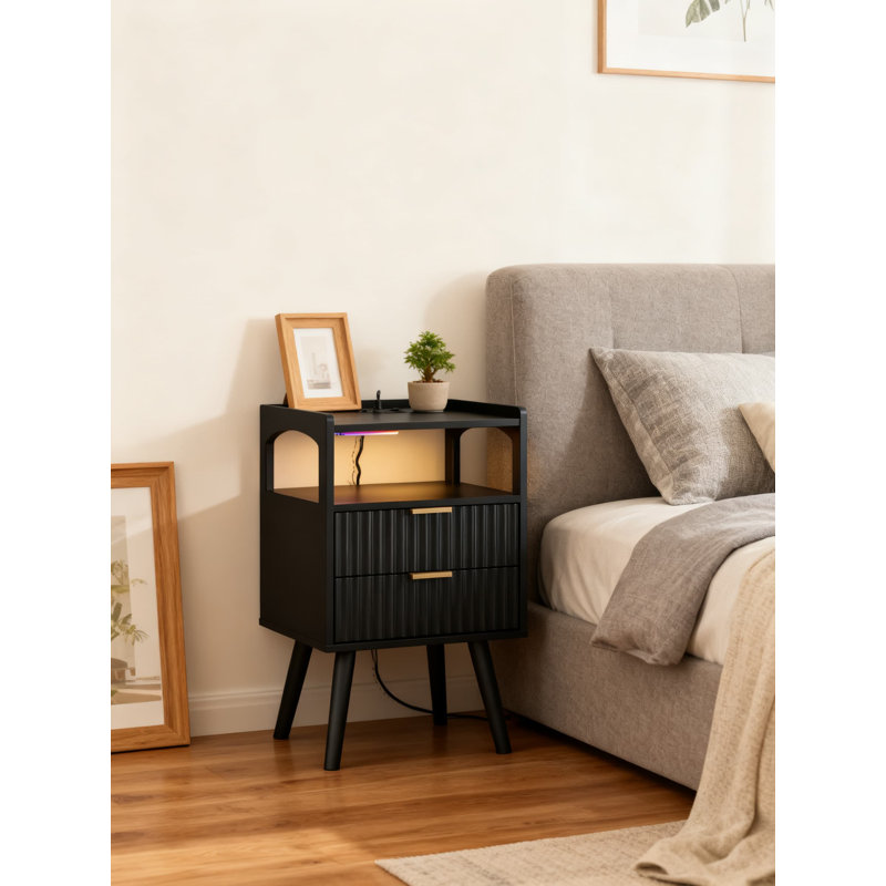 Table de chevet moderne avec station de charge, table de chevet avec tiroir et tablette ouverte, table de bout polyvalente pour la chambre à coucher et le salon