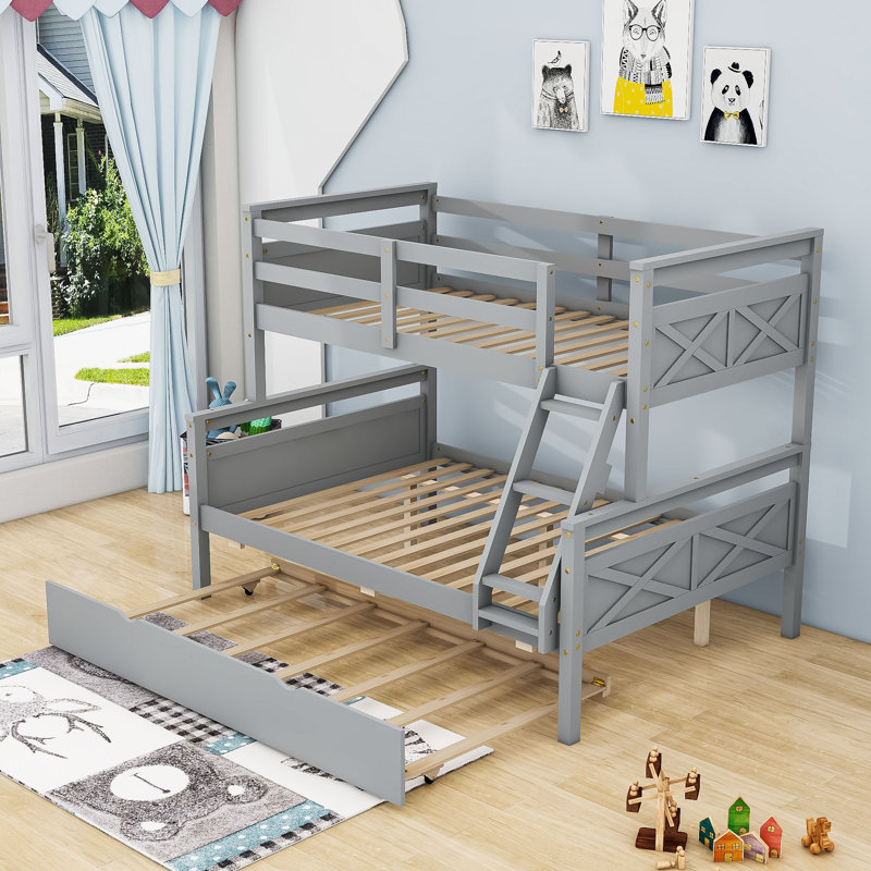 Lit superposé simple au-dessus d'un lit double en bois avec lit gigogne simple, gris