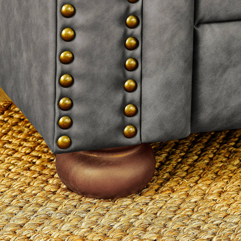 Chesterfield Sofa Tufted  Upholstered PU 3-Seater Sofa Scrolled Arms With Nailhead Decoration, DGY (88.5'X37'x28')