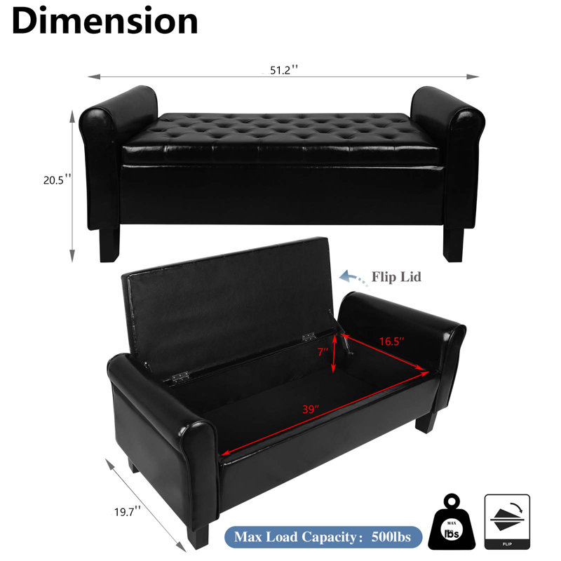 Upholstered Storage Bench End of Bed, Black, Faux Leather