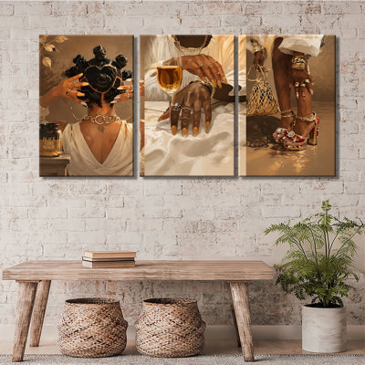 Black Girl Luxury Gold Wine Wine Heels Fashion, art mural sur toile 3 pièces (1)