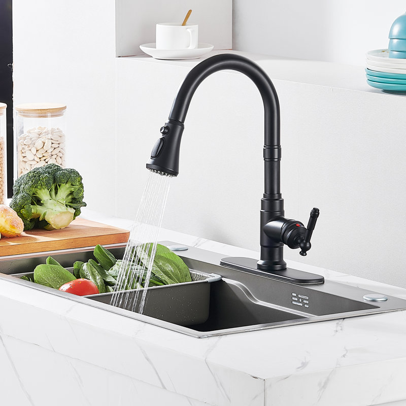 Robinet de cuisine rétractable à poignée simple avec plaque de pont, Noir mat