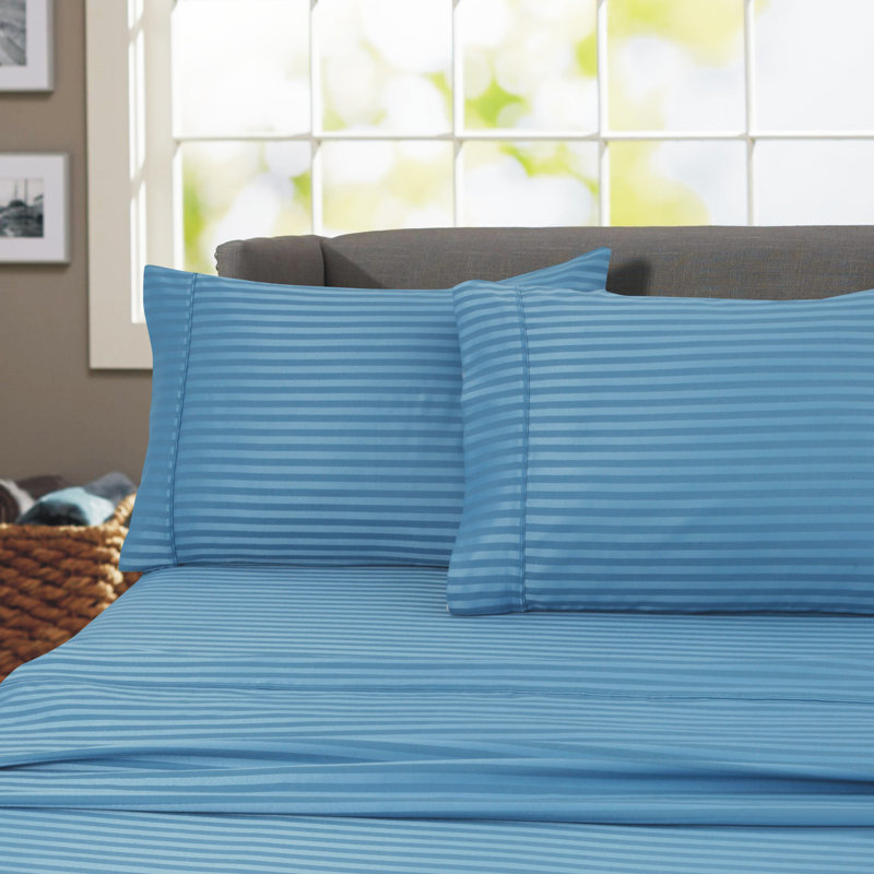 Egyptian Cotton Sateen Striped Sheet Set, Twin Sheet Set with Fitted Sheet and 1 Pillowcase, Teal