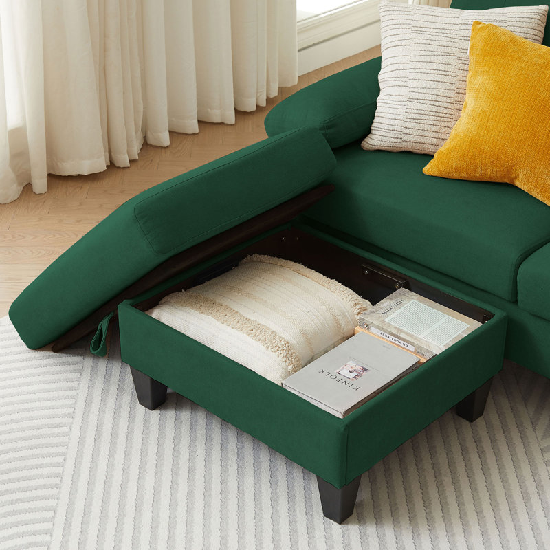 Marchel Upholstered L-Shaped Sectional with Ottoman Reversible, Green 100% Linen