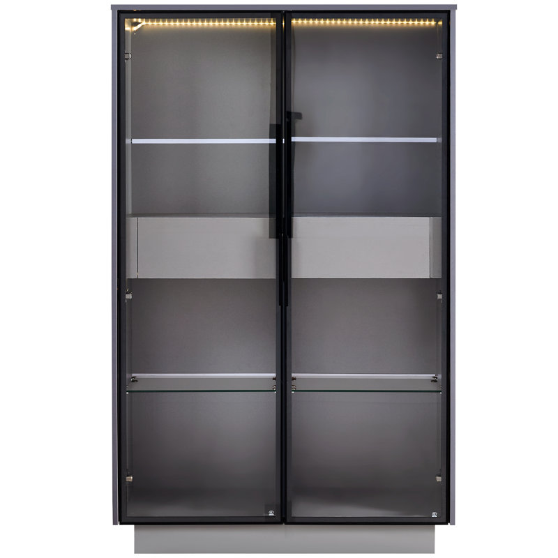 60.6'' Tall Display Cabinet With Tempered Glass Door In Grey - Led Lighting, Two Drawers, Adjustable Shelves For Living Room, Office & Study Lights And Drawers Modern Storage Office,