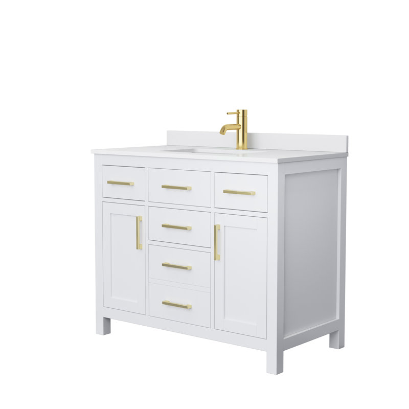 Meuble-lavabo simple autoportant de 42 po avec plateau en marbre Beckett, Blanc, Or brossé, Marbre de culture blanc