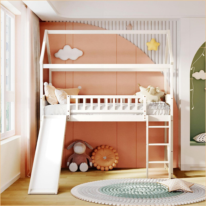 Bois de pin simple Lit mezzanine en bois aggloméré avec glissade - aucun sommier requis, blanc