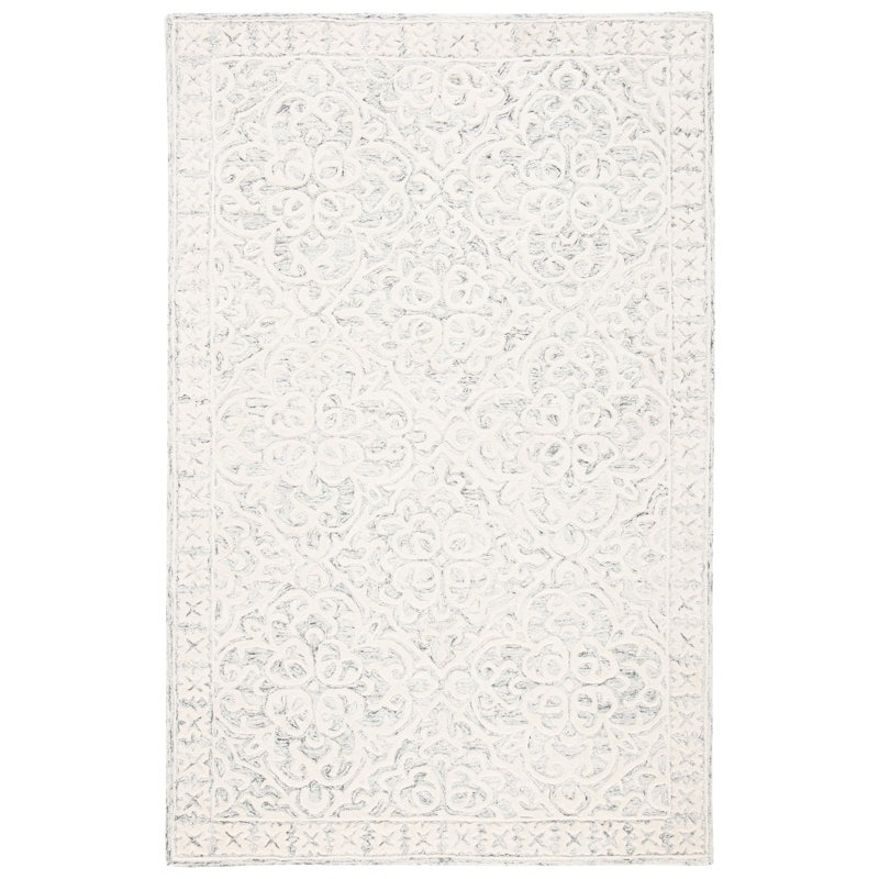 Durnan Damask Handmade Tufted Wool Area Rug in Silver / Ivory, Rectangle 5' x 8'