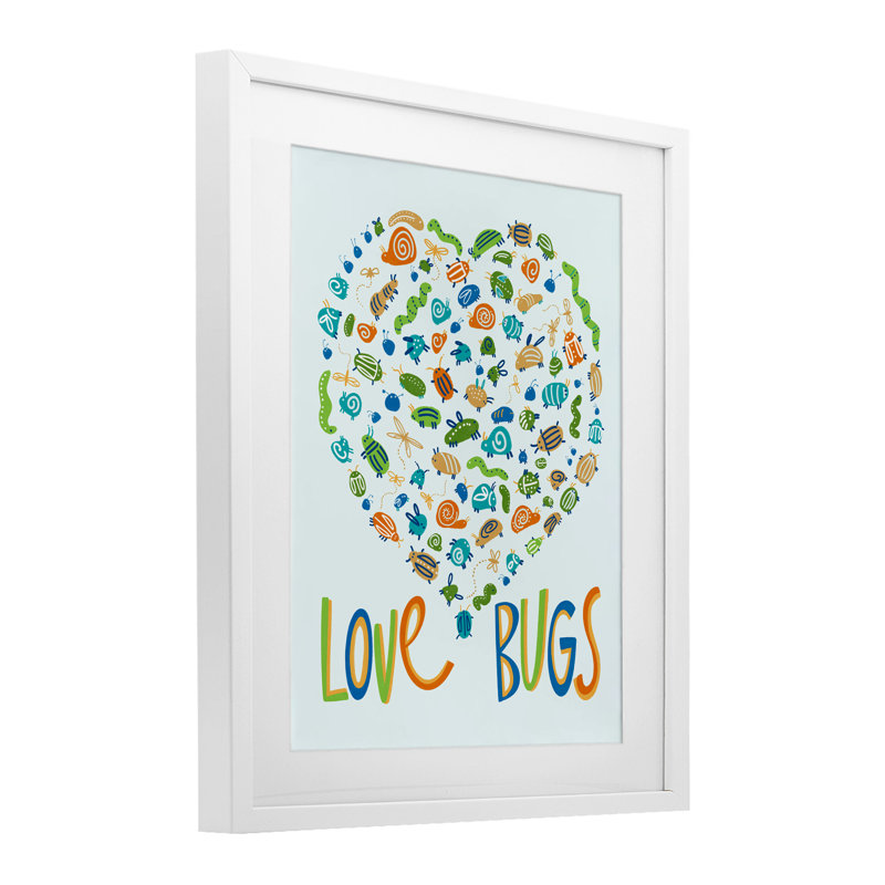 «Love Bugs» en forme de cœur, reproduction sous verre, conception de Connie Summers, H 16 po x l 13 po, Cadre blanc côtier