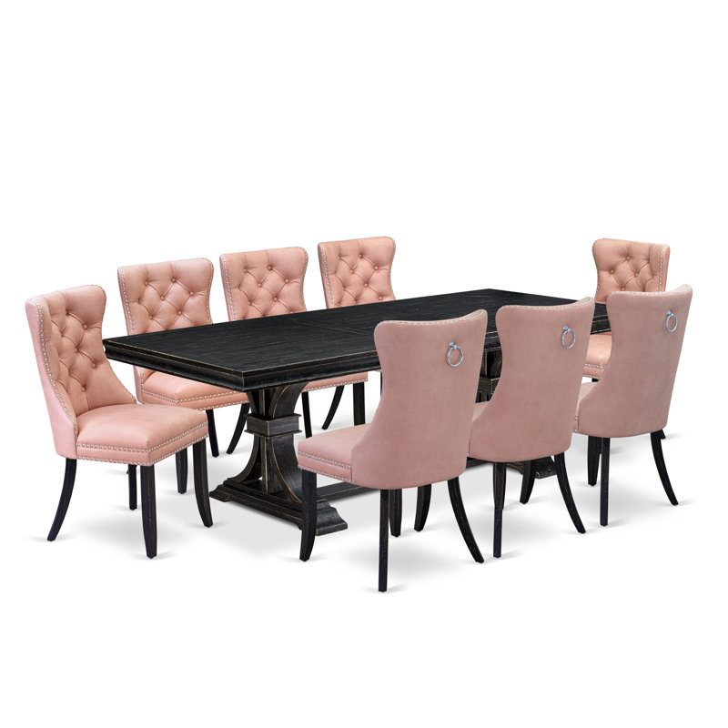 Ensemble de table de salle à manger 9 pièces comprenant une table rectangulaire et 8 chaises de salle à manger en tissu de polyester beige rouge, noir sablé