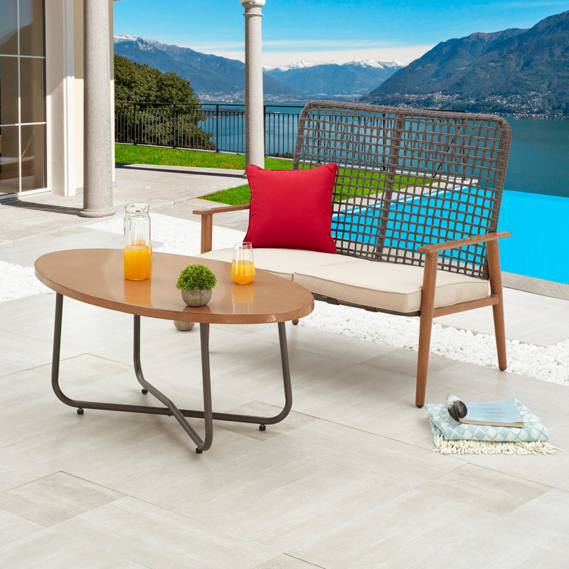 Ensemble de conversation de patio en osier 2 pièces avec table basse ovale, Beige