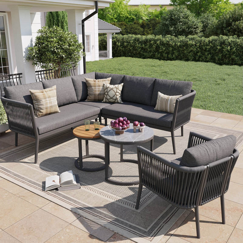 6 - Person Rope Garden Lounge Set Modular Sofa Set With Table, Grey