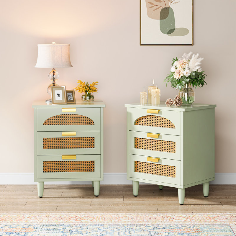 Table de chevet en rotin à 3 tiroirs Attis, Noir