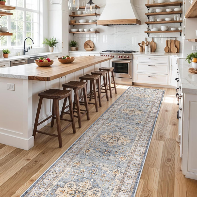 Washable Hallway Rug: Non Slip Rugs with Rubber Backing Soft Kitchen Rug Farmhouse Distressed Carpet for Living Room Bedroom Bathroom (Blue)