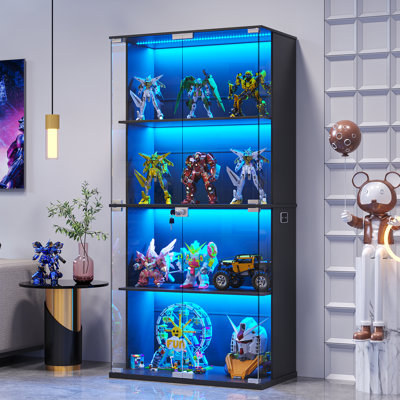 Display Cabinet With Glass Doors, Lighted Display Case With 3 Color Lights, 4-tier Bookcase With Human Body Sensor