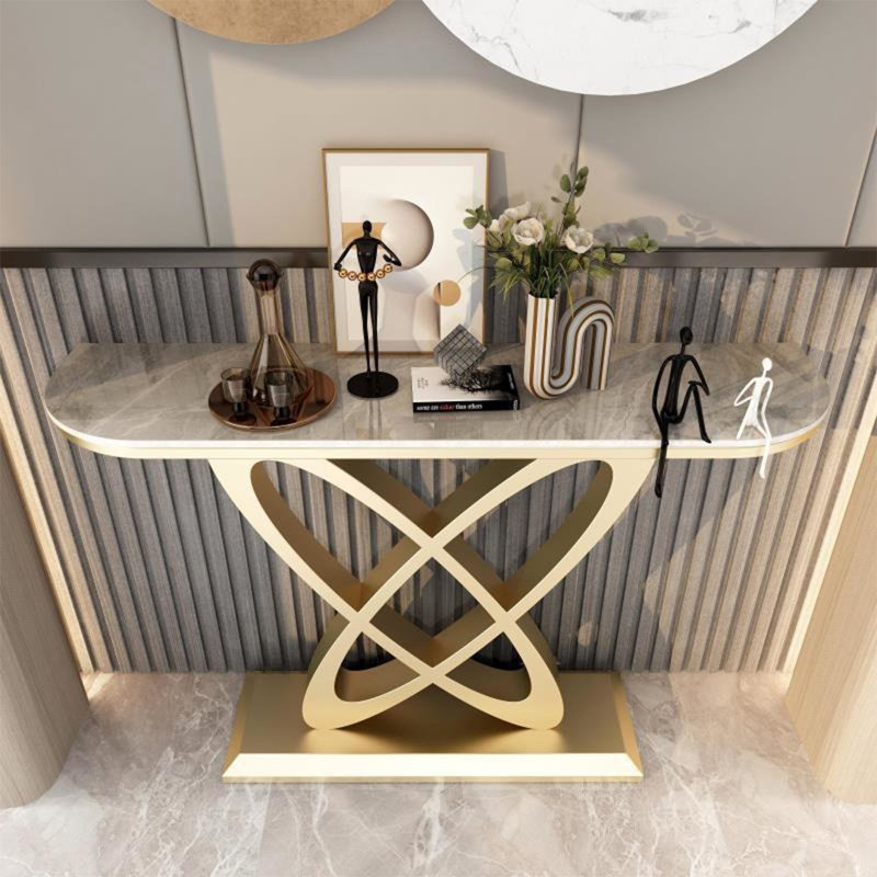 Console Table, Shiny Gray/Gold, 31.5" H x 39.4" W x 11.8" D