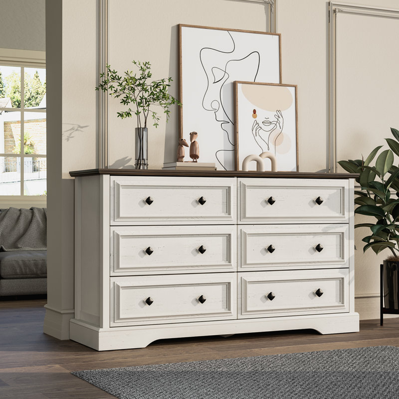 Farmhouse 6 Drawer Dresser For Bedroom, White/Brown