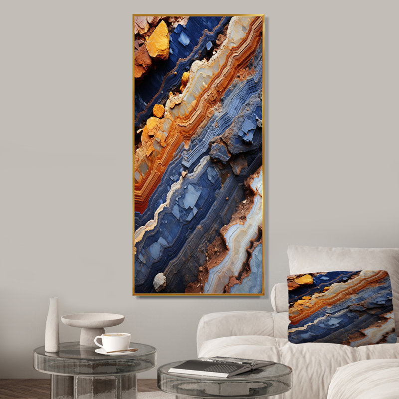 Tourmaline bleue et orange - art mural pierre géode, Cadre flottant doré, H 32 po x l 16 po