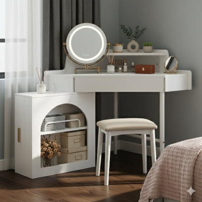 Corner Makeup Vanity Desk With A Mirror And LED Lights. A Modern Vanity Set With Mirror And Stool, This Dressing Table Offers Ample Storage For Small Spaces And Features A Brightness-Adjustable Folding Mirror, In White.