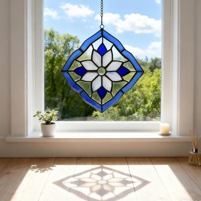 Stained Glass Style Flower Window Panels Hangings Sun Catcher (Blue&White Flower)