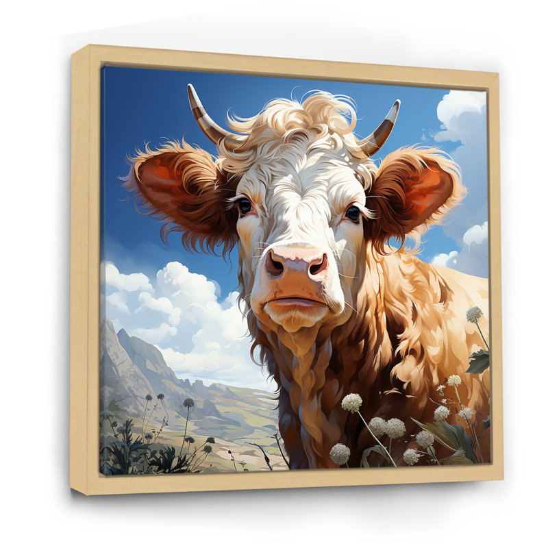 Portrait de vache dans une prairie fleurie - vache, art mural, Cadre flottant brun, H 16 po x l 16 po x P 1 po