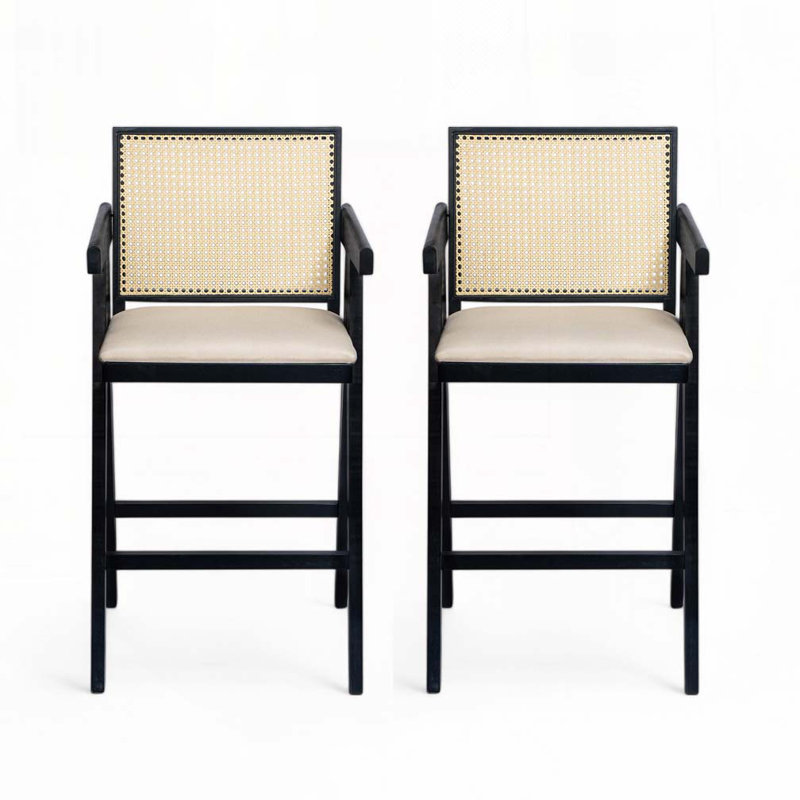 Woven Cane Plastic Backrest Bar Stool, Cream Gray/Black