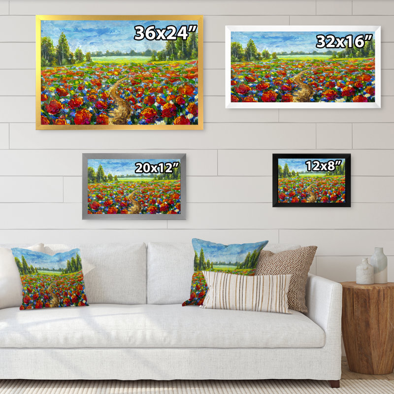 «Summer Field Of Red Flower», reproduction sur toile flottante, H 8 po x l 12 po x P 1 po, Cadre noir