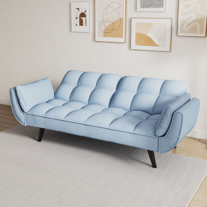 Velours bleu 57 po pour la chambre à coucher. Convertible en lit confortable. Dossier réglable. Facile à assembler. Structure en bois massif. Rembourrage en éponge. Limite de poids de 300 lb. L'appartement 2 places peut être converti en postures.