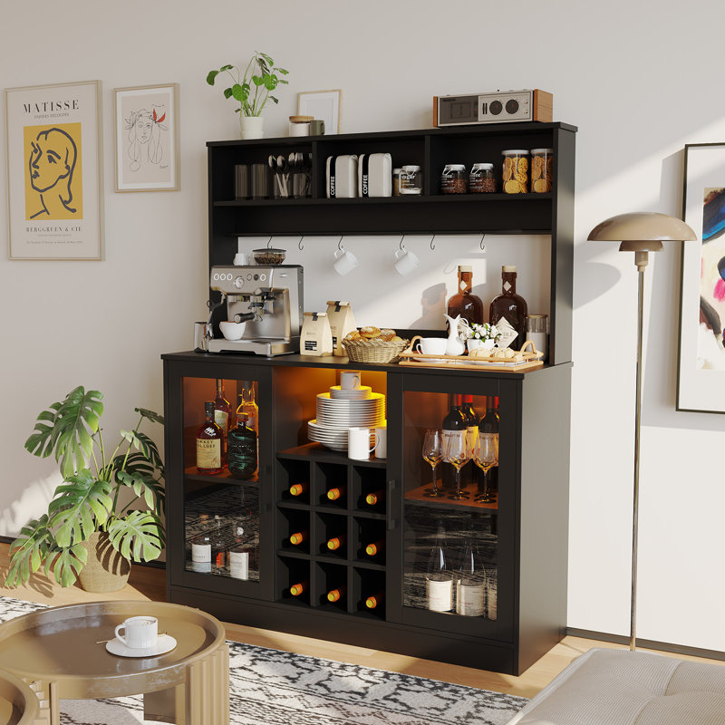 Wine Bar Cabinet,Liquor Cabinet with Led Light,Power Outlet,Buffet Sideboard with Storage Rack and 6 Hooks,Coffee Bar Cabinet for Liquor and Glasses