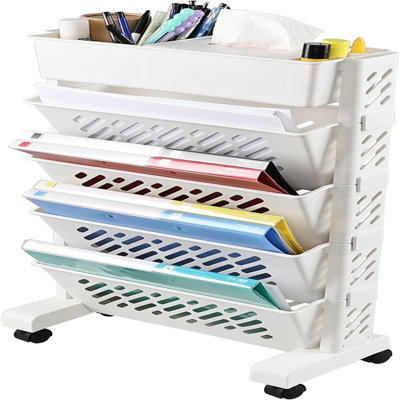 5-tier Plastic Mobile Bookshelf Organizer, Movable Bookcase With Wheels, White