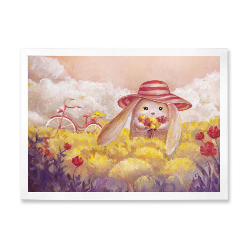 Petit lapin avec des fleurs - Peinture sur toile, H 30 po x l 40 po x 1,5 po, Cadre photo blanc