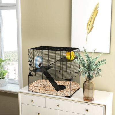 23.5" Gerbil Cage With Steel Construction, Glass Basin, Ramps, Platforms, Hut, Exercise Wheel, Black Hamster Nest, Wheel For Small Animals
