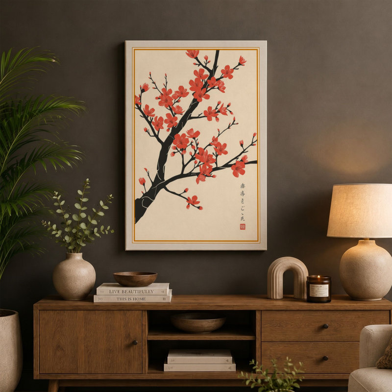 Moonlit Cherry Blossom Japandi - Wrapped Canvas, 24x16 - 61.0 x 40.6 cm, Sage Border