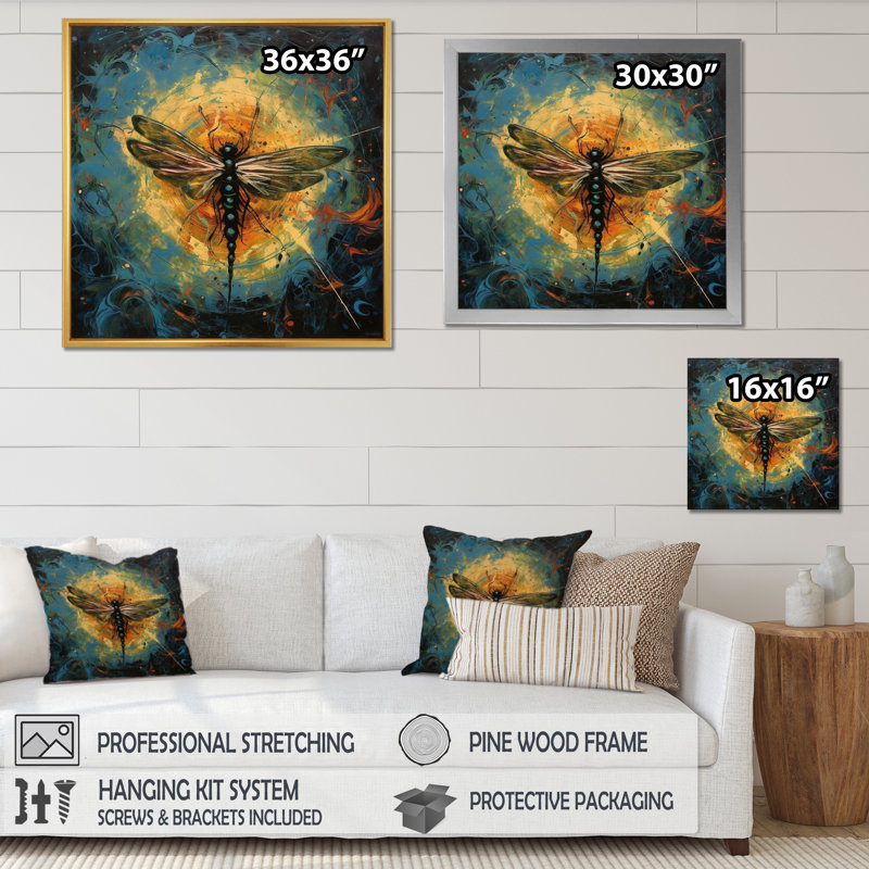 " Expressive Paintign Of Dragonfly ", White Floater Framed, 36" H x 36" W x 1.5" D