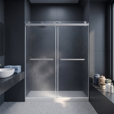 56-60" W X 72 "h Semi-frameless Double Sliding Shower Door With 1/4"（6mm) Clear Tempered Glass,Featuring Protective Safety Film Nickel
