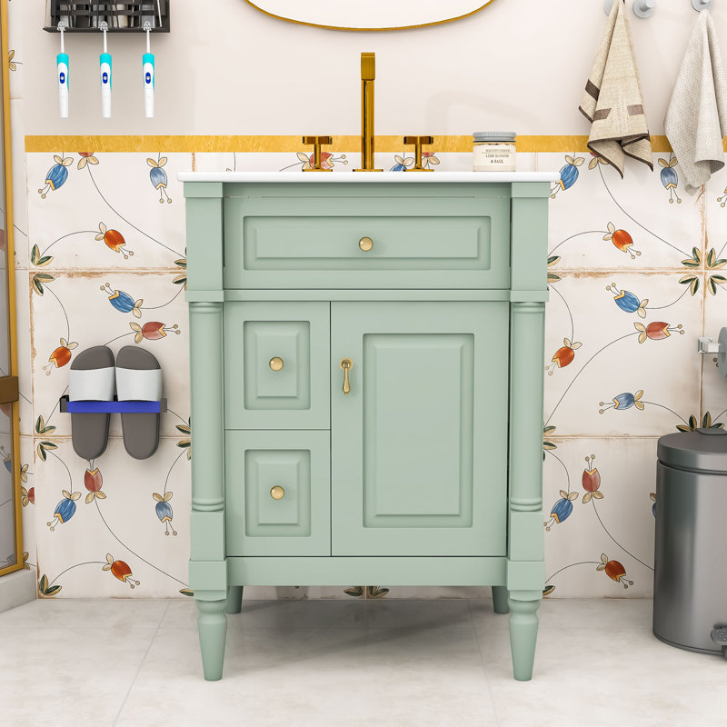 Meuble-lavabo autoportant avec lavabo, rangement réglable, Vert