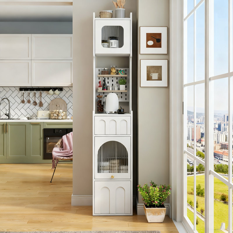 1x White Sideboard Storage Cabinet |  2 Drawers+pegboard+2 Shelves | 13.78"wx13.78"dx70.87"h, Kitchen/dining/living/bedroom, Modern
