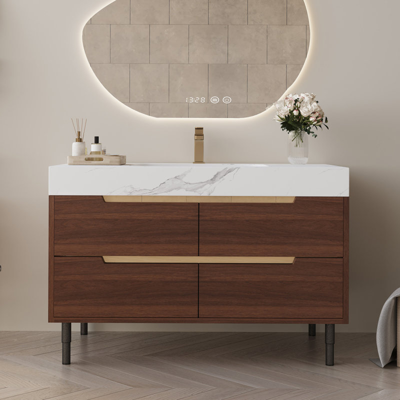 Meuble-lavabo autoportant en pierre frittée de 35,4 po avec lavabo encastré, bois massif multicouche imperméable, rangement à 4 tiroirs, fixation murale