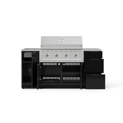 Ensemble d'armoires d'extérieur en aluminium noir 5 pièces avec évier, 3 tiroirs, armoire de barbecue, gril au propane liquide 40 po et plateau en acier inoxydable 16 po