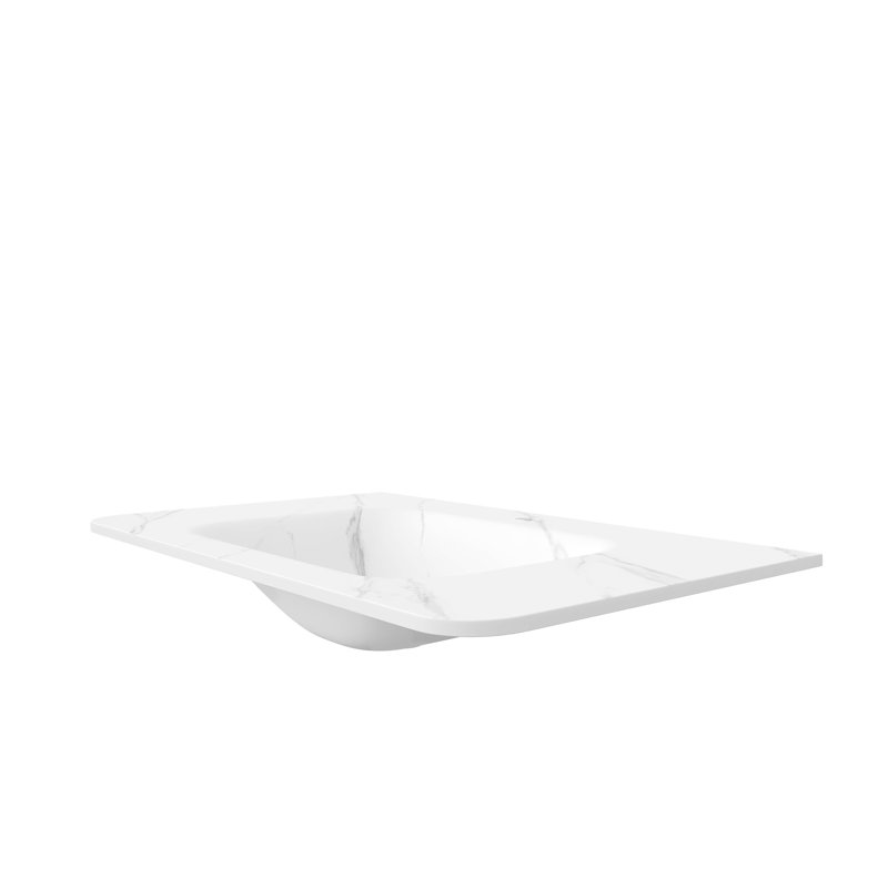 Vasque de salle de bain intégrée ZANE 36 po en pierre frittée blanche de Carrare, design cintré à chaud et trop-plein