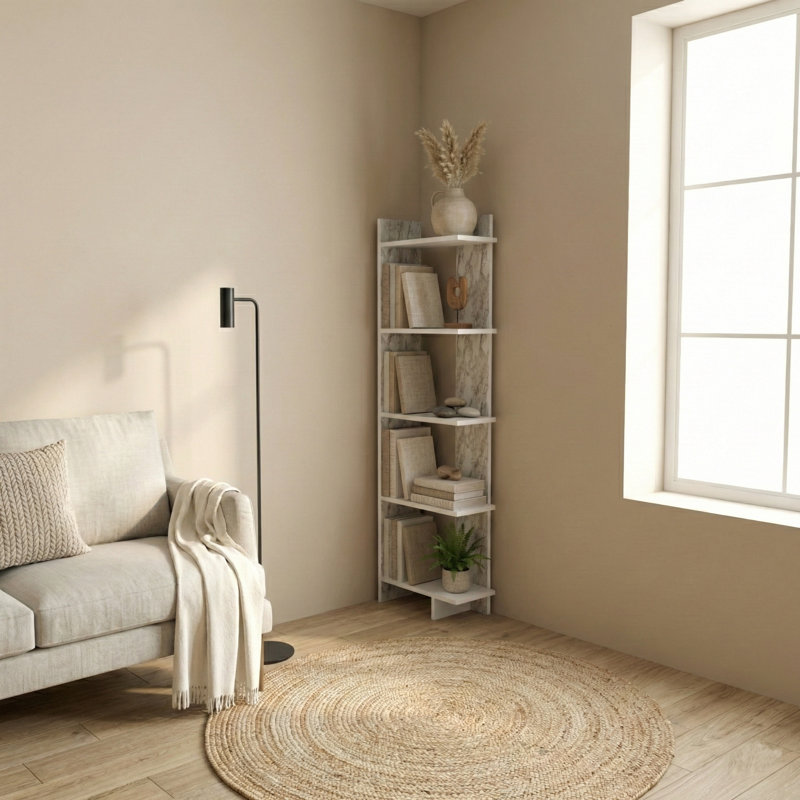 Deddrick Corner Bookcase, (5 Shelves) 67" H x 18" W x 9" D, Ephesus Marble/White;