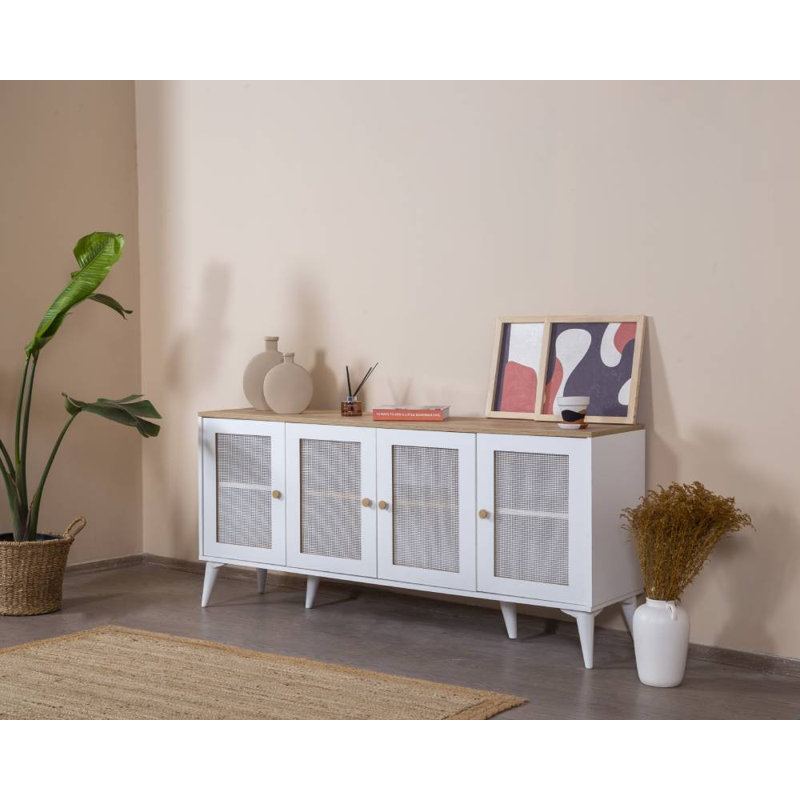 Modern Console Table with Soft-Close Doors, White & Oak Finish, 70.9 x 31.5 x 16.1 inches | 100% MDF with Hornbeam Wood Legs | Wall-Mountable Design, Multiple Shelves for Stylish Storage & Display