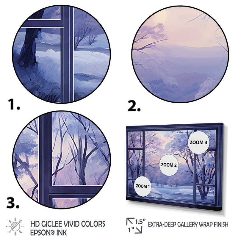 «Purple River Winter Windows I - Winter Landscape», art mural, Cadre flottant noir, H 24 po x l 32 po x P 1 po