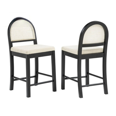 Ensemble de 2 tabourets de bar rembourrés en rotin naturel avec dossier tissé en rotin naturel pour îlot de cuisine, brun