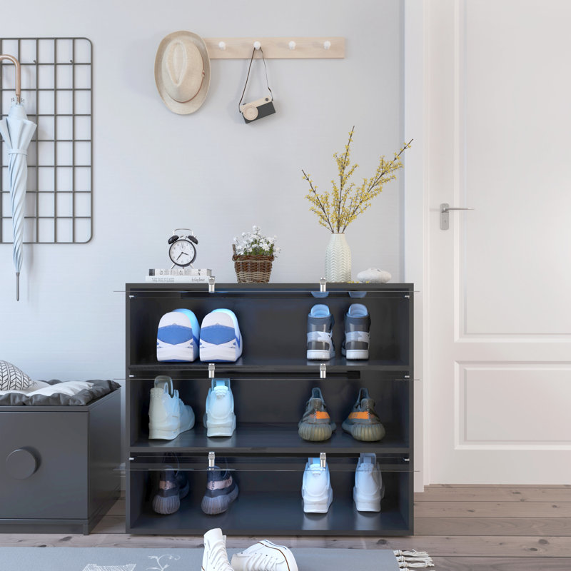 Shoe Cabinet With Black Glass Door & Led, Organize Your Shoes Ease Led And Door, Artistic Design For