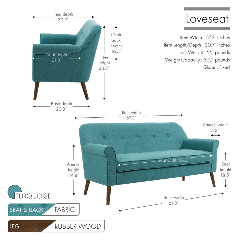 Dorita 67.3'' Wide Loveseat, Turquoise Polyester Blend
